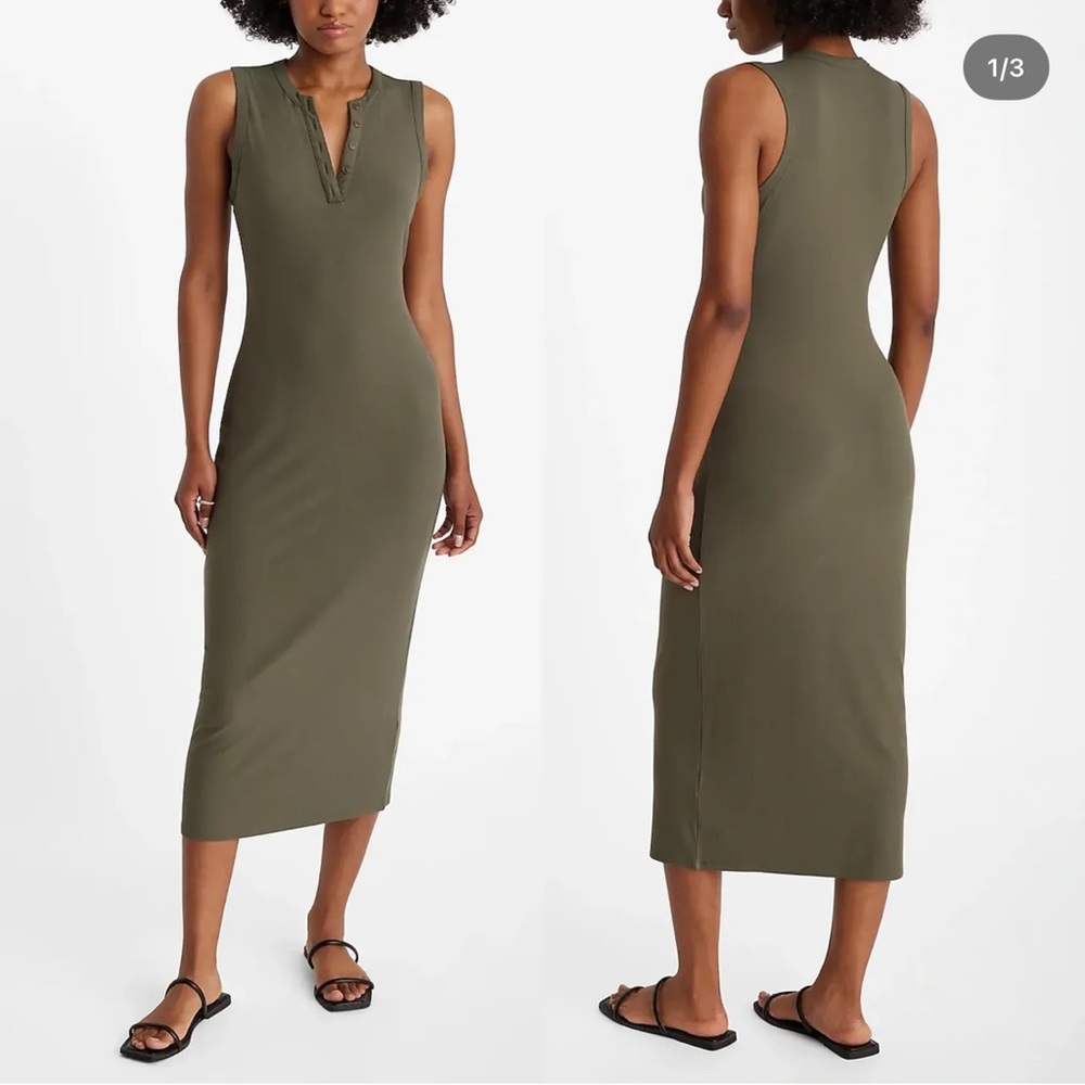 Express Striped Ribbed Henley Sleeveless Midi Dress